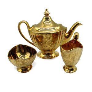 ROYAL WINTON Grimwades Gold Teapot Creamer and Sugar Bowl with Floral Design VTG